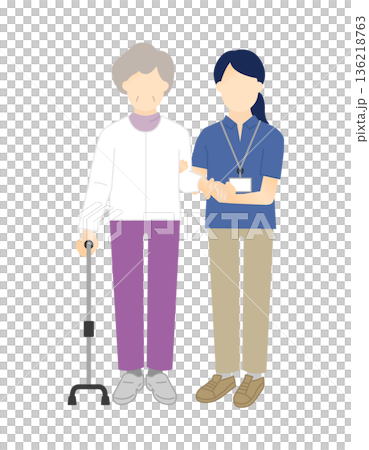 高齢者の歩行介助をする介護士のイラストベクター素材 136218763