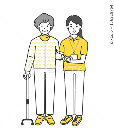 高齢者の歩行介助をする介護士のイラストベクター素材 136218764