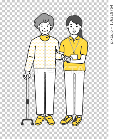 高齢者の歩行介助をする介護士のイラストベクター素材 136218764