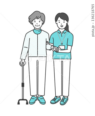 高齢者の歩行介助をする介護士のイラストベクター素材 136218765