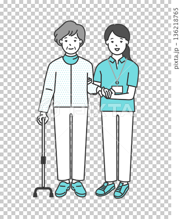 高齢者の歩行介助をする介護士のイラストベクター素材 136218765
