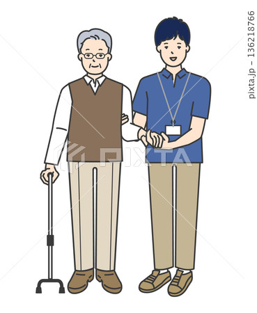 高齢者の歩行介助をする介護士のイラストベクター素材 136218766