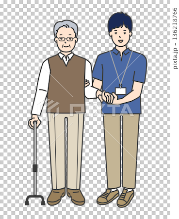 高齢者の歩行介助をする介護士のイラストベクター素材 136218766