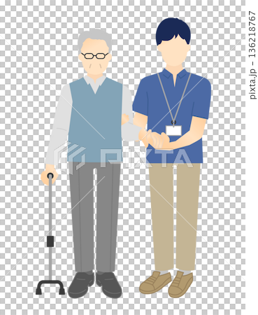 Vector illustration of a caregiver assisting an elderly person to walk Vector illustration of a caregiver assisting an elderly person to walk 136218767