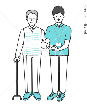 高齢者の歩行介助をする介護士のイラストベクター素材 136218769