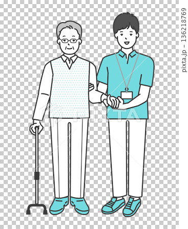 高齢者の歩行介助をする介護士のイラストベクター素材 136218769