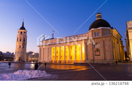 Vilnius, Lithuania. Evening night panorama Of Belfry, Cathedral Basilica of St. Stanislaus and St. Vladislav and Palace Vilnius, Lithuania. Evening night panorama Of Belfry, Cathedral Basilica of St. Stanislaus and St. Vladislav and Palace 136218798