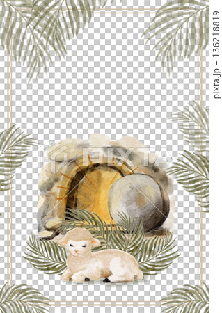 Empty stone tomb, glowing entrance, resting lamb, framed by palm branches watercolor Easter poster ideal for Christian design, church decor, seasonal prints. Soft neutral tones. Symbol of resurrection Empty stone tomb, glowing entrance, resting lamb, framed by palm branches watercolor Easter poster ideal for Christian design, church decor, seasonal prints. Soft neutral tones. Symbol of resurrection 136218819