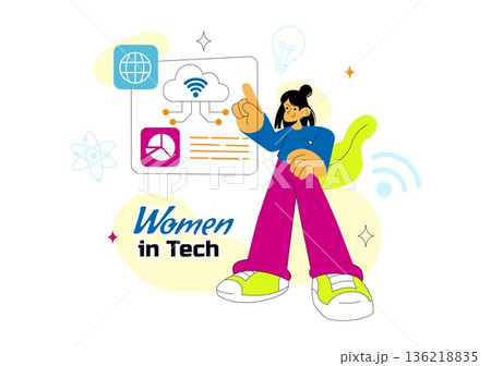 Women In Tech Vector Illustration Featuring Female Programmer And Digital Innovation System In Flat Style Cartoon Background 136218835