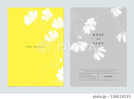 Floral wedding invitation card template design, monochrome cosmos flowers with leaves on yellow and grey, two tones color Floral wedding invitation card template design, monochrome cosmos flowers with leaves on yellow and grey, two tones color 136219133