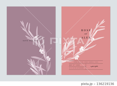 Floral wedding invitation card template design, monochrome flowers with leaves on purple and red, two tones color 136219136