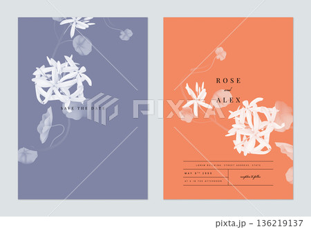 Floral wedding invitation card template design, monochrome flowers with leaves on purple and orange, two tones color 136219137