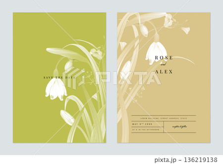 Floral wedding invitation card template design, monochrome flowers with leaves on green and brown two tones color 136219138