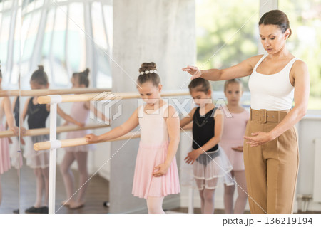 Female teacher shows choreography to group of girls Female teacher shows choreography to group of girls 136219194