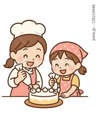 女性パティシエと楽しそうにケーキのデコレーションをしている水玉の三角巾・エプロンの女の子 女性パティシエと楽しそうにケーキのデコレーションをしている水玉の三角巾・エプロンの女の子 136219486