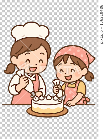 女性パティシエと楽しそうにケーキのデコレーションをしている水玉の三角巾・エプロンの女の子 女性パティシエと楽しそうにケーキのデコレーションをしている水玉の三角巾・エプロンの女の子 136219486