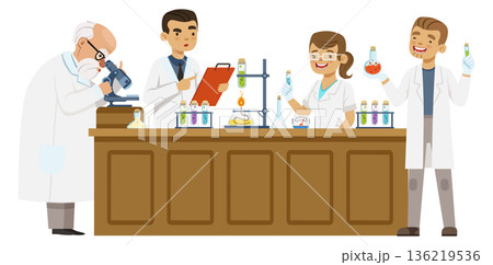 Science chemical experiment. People in lab coats together 136219536