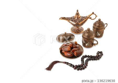Ramadan accessories: lamp, cups, dates, prayer beads, isolated, PNG Ramadan accessories: lamp, cups, dates, prayer beads, isolated, PNG 136219630