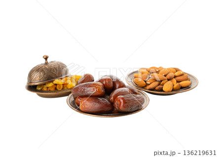Traditional Ramadan snacks arranged, isolated on white, PNG Traditional Ramadan snacks arranged, isolated on white, PNG 136219631