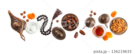 Showcasing Ramadan items: dates, nuts, drinks, isolated, PNG Showcasing Ramadan items: dates, nuts, drinks, isolated, PNG 136219635