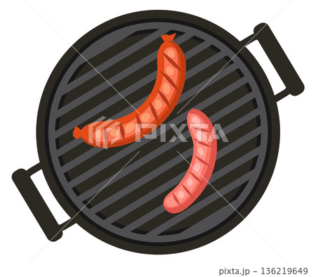 Sausages roast on grill bars. Barbecue top view 136219649