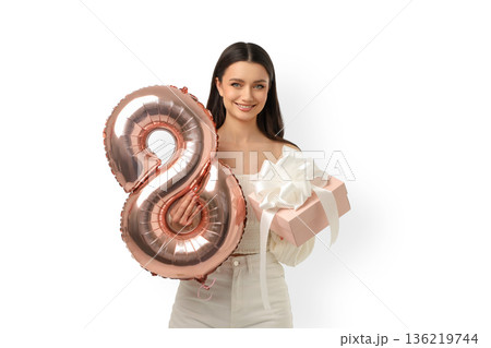 Young woman with gift for Women's Day, isolated, PNG Young woman with gift for Women's Day, isolated, PNG 136219744