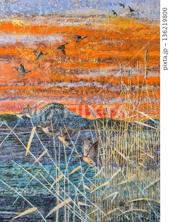 シベリアへ帰る雁を描いた日本画 シベリアへ帰る雁を描いた日本画 136219800