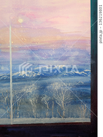 冬の 摩周湖、ホテルの部屋から雌阿寒岳を見て描いた水彩画 136219801