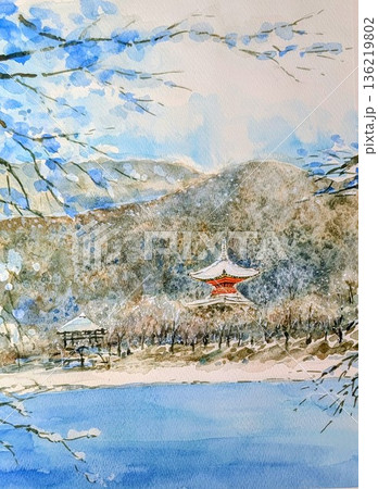 京都大沢の池より見た大覚寺の多宝塔を描いた水彩画 136219802