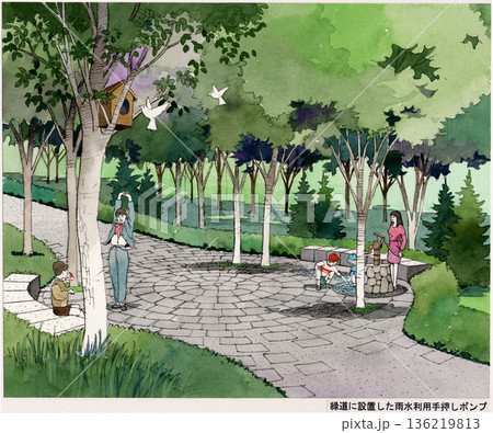 緑道でくつろぐ家族のイメージスケッチ 緑道でくつろぐ家族のイメージスケッチ 136219813