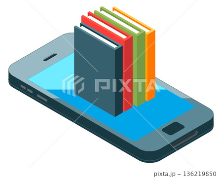 Book library in smartphone. Electronic study technology isometric icon 136219850