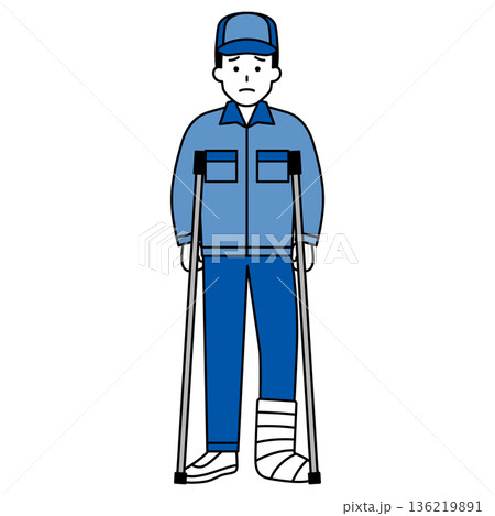 足を怪我して松葉杖をついているつなぎ作業服の男性 足を怪我して松葉杖をついているつなぎ作業服の男性 136219891