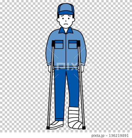 足を怪我して松葉杖をついているつなぎ作業服の男性 足を怪我して松葉杖をついているつなぎ作業服の男性 136219891