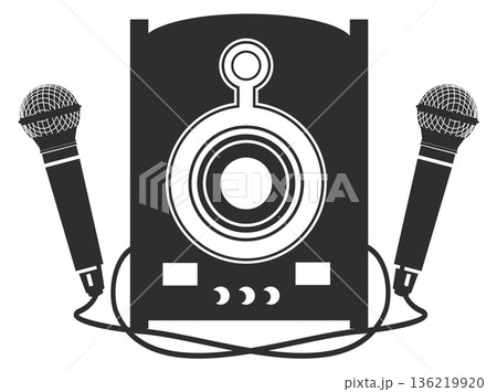 Audio speaker and two microphones karaoke black icon Audio speaker and two microphones karaoke black icon 136219920