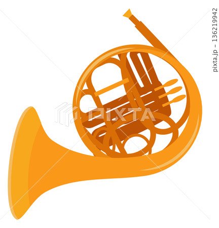 French horn cartoon icon. Brass music instrument 136219942