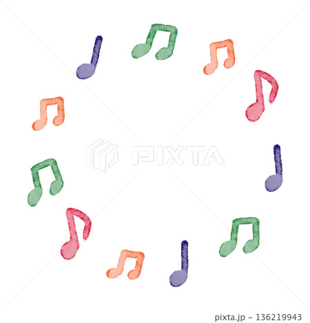 カラフル手描きイラスト。水彩の赤・青・緑・オレンジの音符の曲線的なフレーム。音楽のコンセプト 136219943
