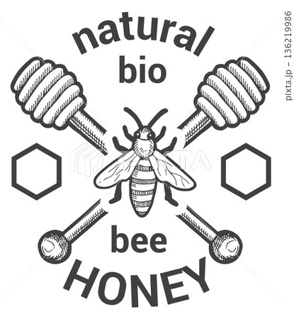 Natural honey logo engraving. Apiary product emblem 136219986