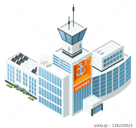 Seaport isometric building. Nautical transportation cartoon icon Seaport isometric building. Nautical transportation cartoon icon 136220023