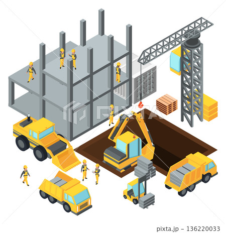 Construction site isometric illustration. Industrial heavy machines 136220033