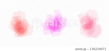 Pink, red and purple blobs set in watercolor style. Soft liquid watercolour texture splash effects. Round dry ink or paint brush shape elements. Vector pastel wet color splatters, spots, stains, drops Pink, red and purple blobs set in watercolor style. Soft liquid watercolour texture splash effects. Round dry ink or paint brush shape elements. Vector pastel wet color splatters, spots, stains, drops 136220071