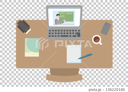 オンライン授業の動画が開かれているパソコンのあるデスク 136220180