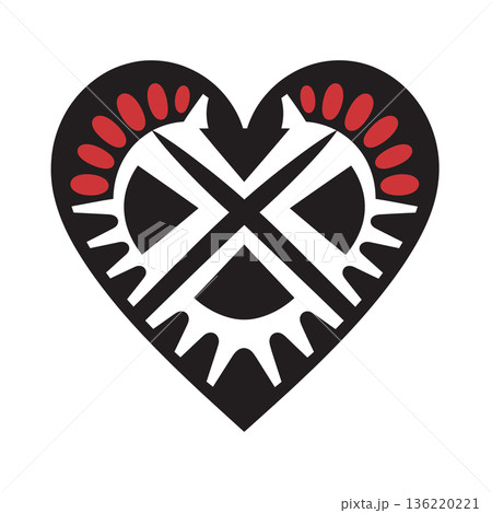 Black and white heart with red accents and geometric designs Black and white heart with red accents and geometric designs 136220221