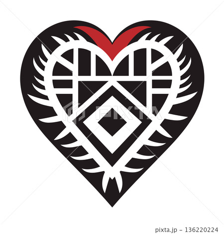 Heart design featuring geometric patterns in black, white, and red Heart design featuring geometric patterns in black, white, and red 136220224