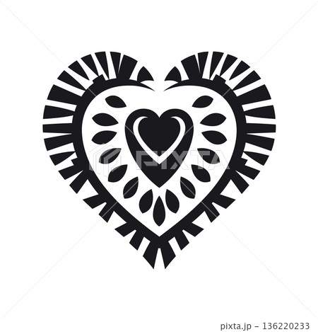 Decorative black heart with inner heart and surrounding abstract patterns 136220233