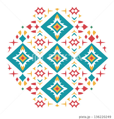 Geometric turquoise and red patterned shape design on white background 136220249