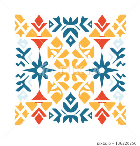 Square symmetrical pattern with red, yellow, and blue geometric shapes Square symmetrical pattern with red, yellow, and blue geometric shapes 136220250
