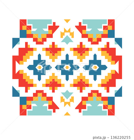 Colorful aztec geometric pattern with blue, red, and yellow shapes Colorful aztec geometric pattern with blue, red, and yellow shapes 136220255
