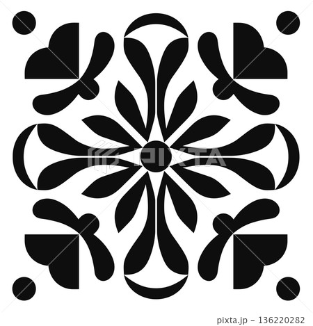 Black and white decorative floral design with rounded and geometric elements Black and white decorative floral design with rounded and geometric elements 136220282