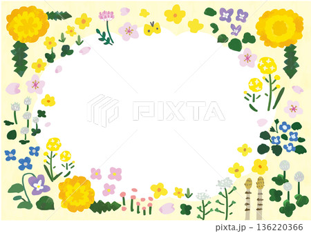 手描きのかわいい春の花のフレーム（横型・黄色枠） 136220366