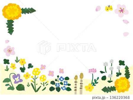 手描きのかわいい春の花のフレーム2（横型・透過） 136220368